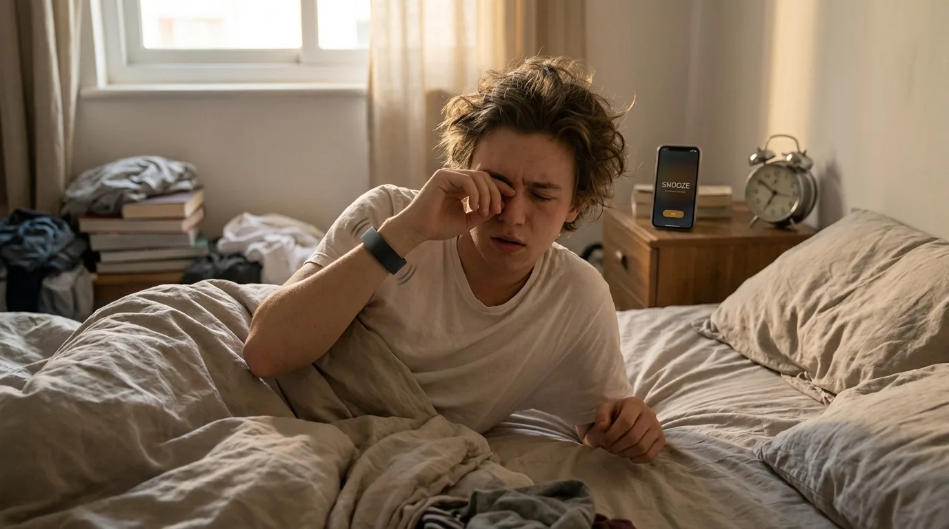 Wearable vibration alarm in a calm morning bedroom